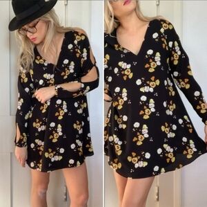 Zara Black yellow Floral Cut Out Sleeve Boho Dress Size Small